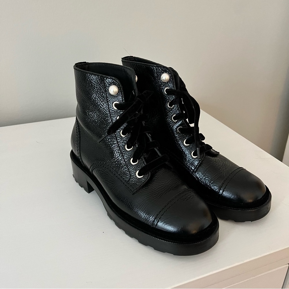 Chanel Shiny Calfskin Velvet Pearl Combat Boot | Sz 37 1/2